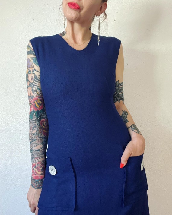 Vintage early 1960’s rich & bright navy blue slub… - image 7