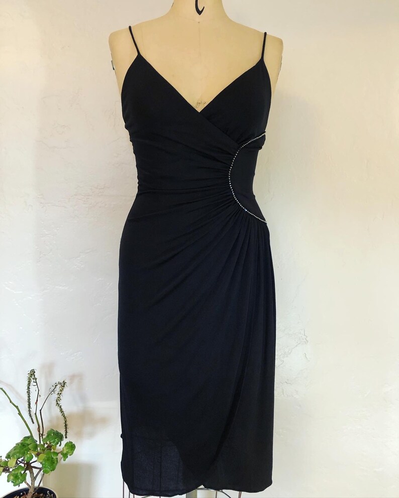 Sensational 1970\u2019s quintessential disco days rhinestone sunburst dress by Joy Stevens knit 70\u2019s dress 70s black dress