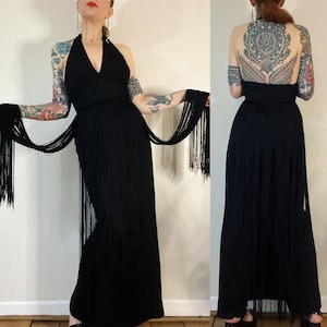 Vintage 1970’s Lilli Diamond black halter maxi dress with full fringe skirt, iconic fringe dress
