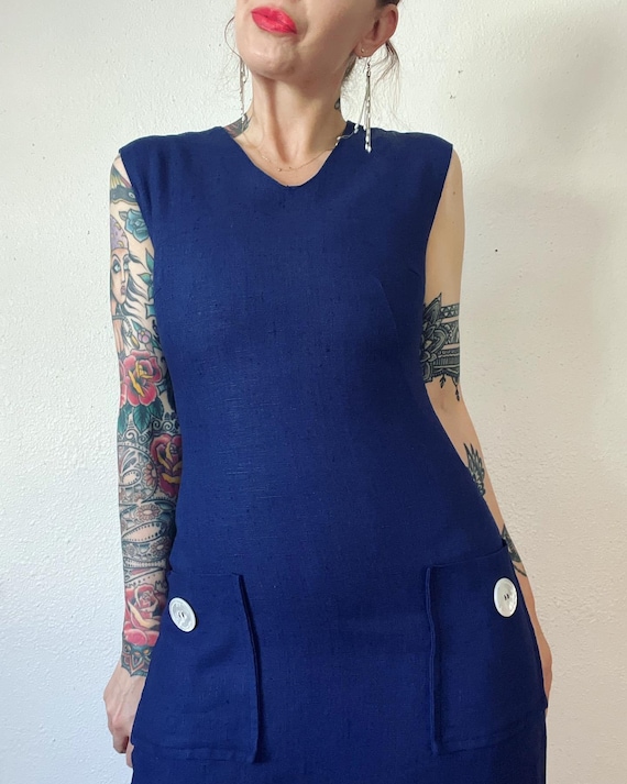 Vintage early 1960’s rich & bright navy blue slub… - image 3