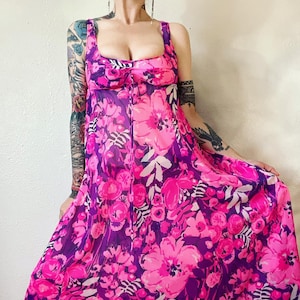 Vintage 1960’s electric pink & purple floral sheet Nylon empire waist nightgown with pleated bustline, six gore skirt, and sweet decorative