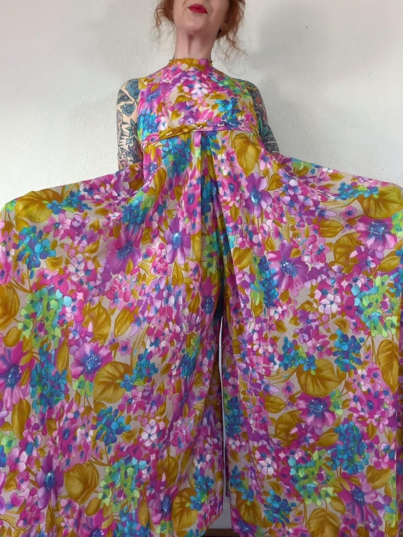 Vintage late 1960’s pastel rainbow watercolor floral jumpsuit with sweeping extra wide pant legs & pearl trimmed empire waist, palazzo image 2