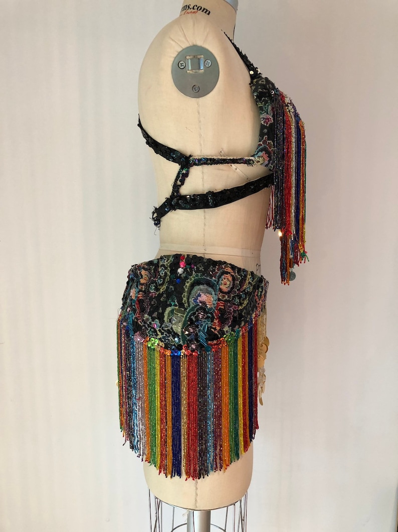 Mardi Gras Pride costume Vintage Hallowe Rainbow sparkle insanity with this completely handmade sequin and bead bustier and hip skirt set