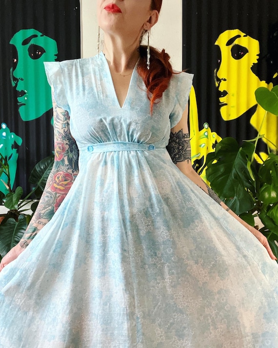Vintage 1960s Does 1940s Powder Blue Floral Sheer Organza Maxi 