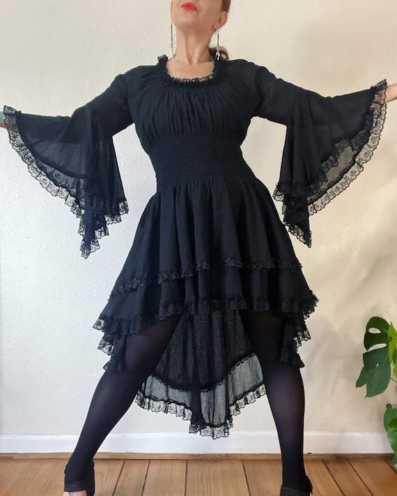 Vintage 1970's Black Tissue Weight Cotton and Lace Tapered Angel