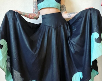 Vintage 1930’s black & celestial blue polished cotton 3pc stage/dance costume with wave like pinked appliqué throughout and a very full, ver