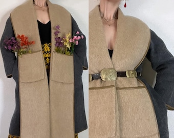 Designer Vintage 1960’s Bonnie Cashin charcoal grey & camel wool/mohair coat with the most dramatically large shawl collar, pockets