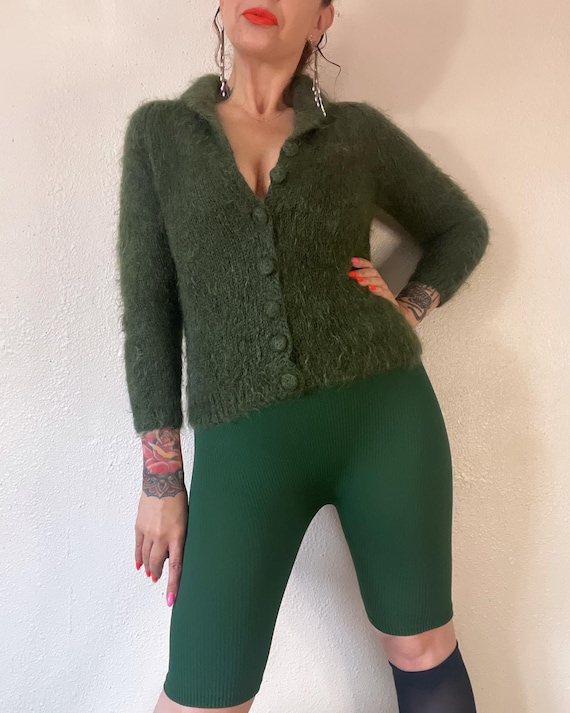 Vintage 1940’s/1950’s mossy green shaggy mohair h… - image 2