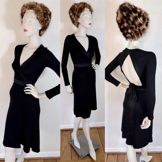 Designer Vintage 1990's Diane Von Furstenberg Black Wool Knit Wrap Dress With Silk Satin Trimming, Open Back, Plunging V-neckline, Pockets