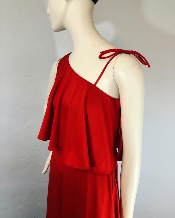 Vintage 1970’s red knit one shoulder maxi dress by