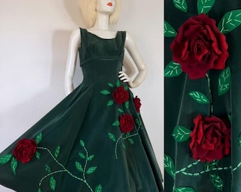 Vintage 1950’s deep sage green cotton velveteen party dress with 3D two tone roses + vines hand appliquéd throughout, Juli Lynn Charlot