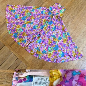 Vintage late 1960’s pastel rainbow watercolor floral jumpsuit with sweeping extra wide pant legs & pearl trimmed empire waist, palazzo image 10