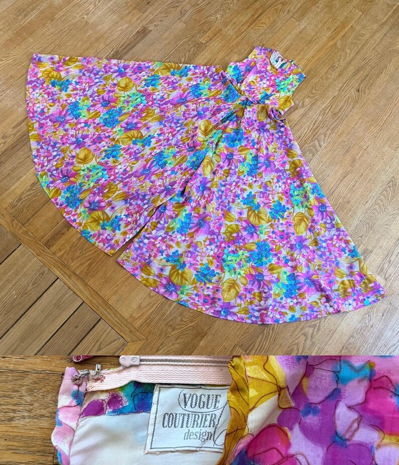 Vintage late 1960’s pastel rainbow watercolor floral jumpsuit with sweeping extra wide pant legs & pearl trimmed empire waist, palazzo image 10