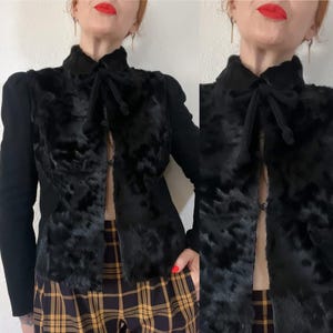 Antique/Vintage late 1930’s deco black wool & fur  jacket, princess seam details, padded puff shoulders, rounded collar, neck tie, pockets