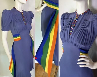 Rare Antique/Vintage 1930’s steel blue matte rayon dress with an exceptional extra wide & long colorblocked waist sash, rainbow beads