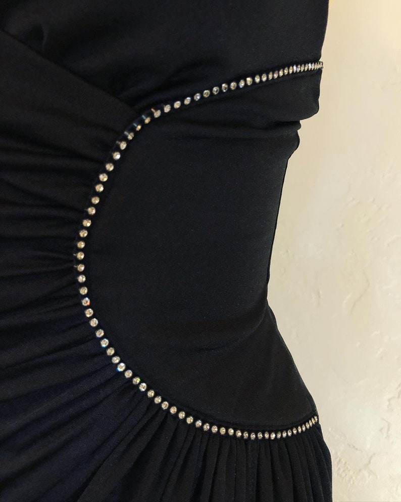 Sensational 1970\u2019s quintessential disco days rhinestone sunburst dress by Joy Stevens knit 70\u2019s dress 70s black dress