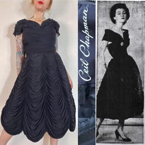Documented & Rare Designer Vintage 1950’s (1951) Ceil Chapman black slinky silk jersey cocktail dress expertly draped