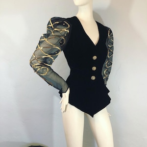 Vintage 1980’s black velvet jacket with extra large blouson gold sequin embellished chiffon sleeves by Susan Roselli for Vijack