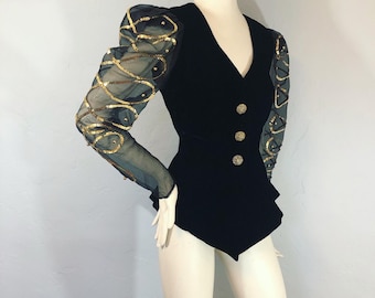 Vintage 1980’s black velvet jacket with extra large blouson gold sequin embellished chiffon sleeves by Susan Roselli for Vijack