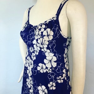 Vintage 1960’s blue and white Hawaiian hibiscus floral print double strap maxi dress by Nalii Honolulu