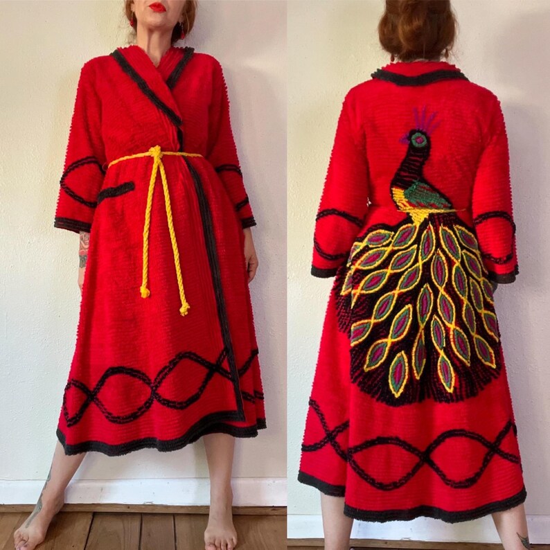 Jade Robe With Pockets Vintage 1940’s Red Chenille Robe With Black Trimmings & Vibrant Peacock ...