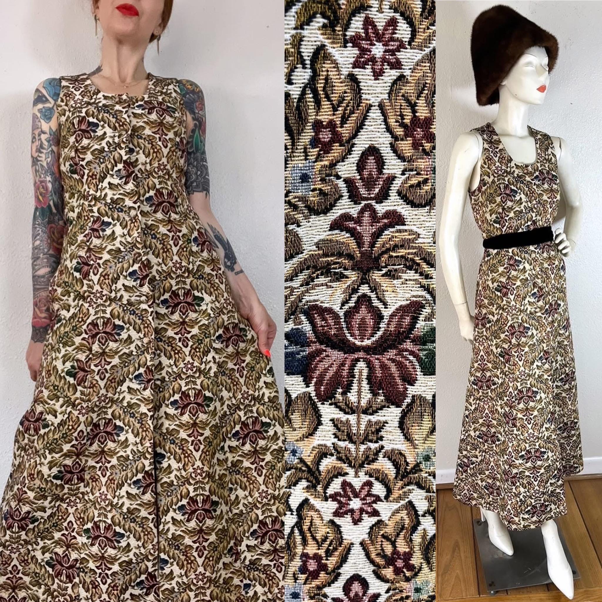 Vintage 1960's Autumnal Floral Jacquard Tapestry Hostess Dress