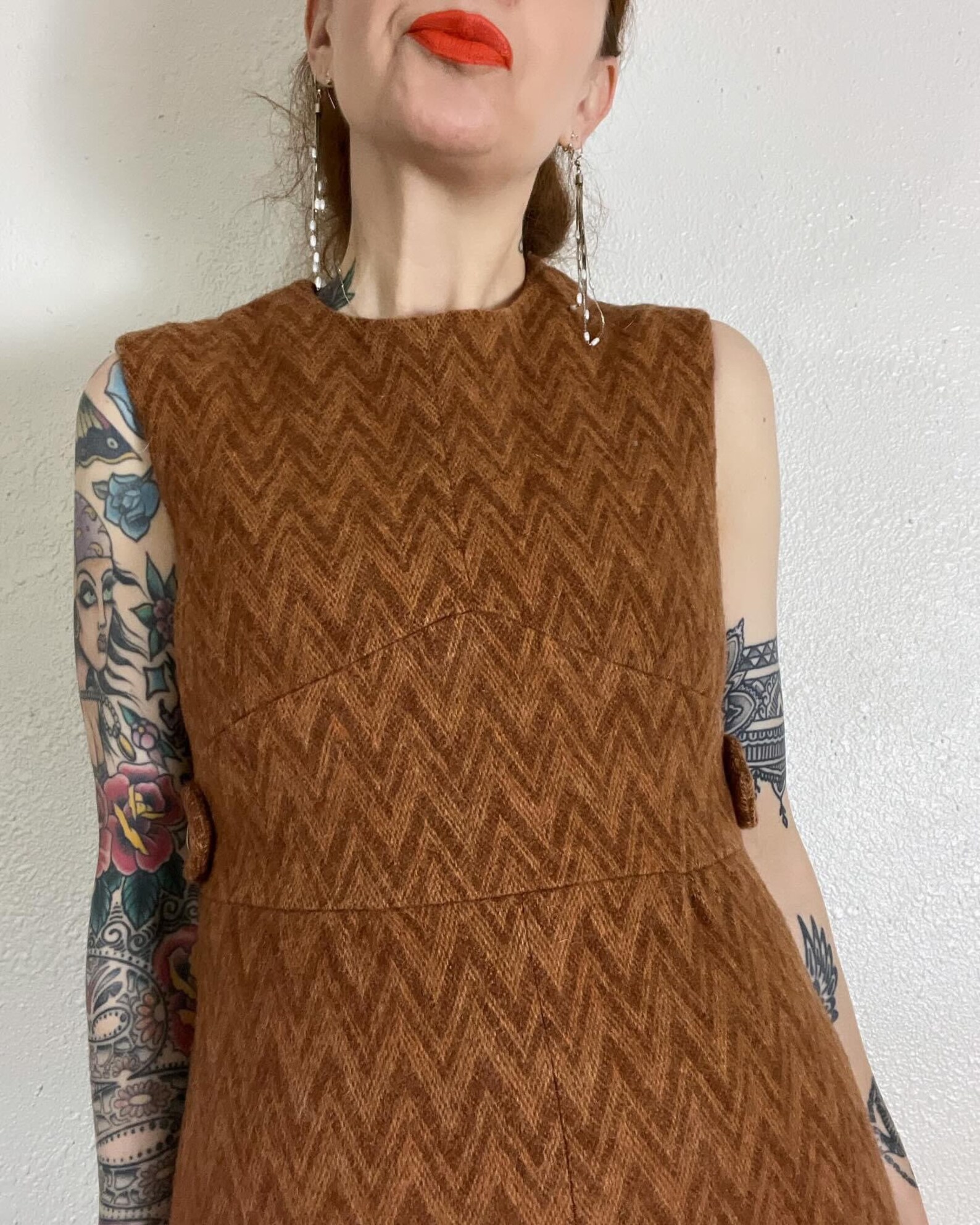 Vintage Early mid 1960 s Shades Of Pumpkin Wool Chevron zig Zag Micro vintage-early-mid-1960-s-shades-of-pumpkin-wool-chevron-zig-zag-micro