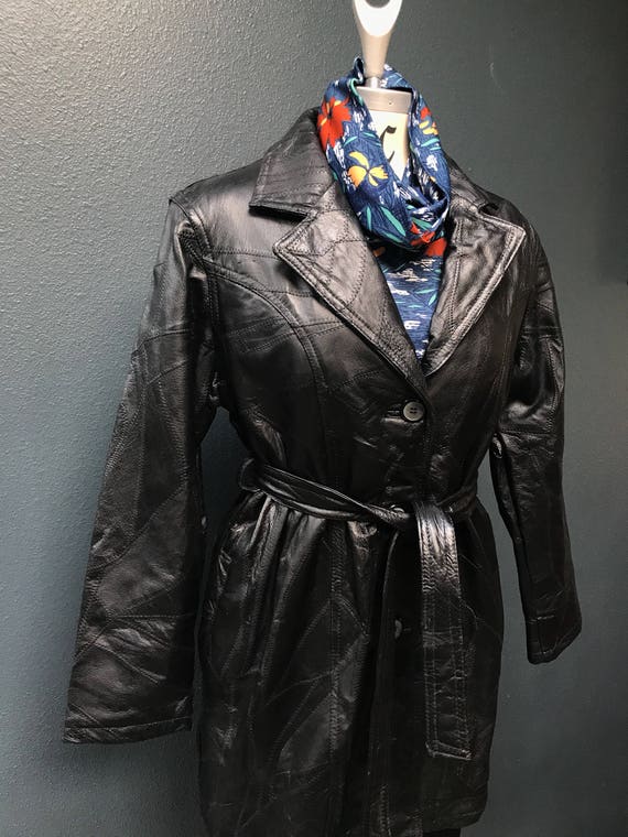 70's vintage black leather patchwork trench / coat