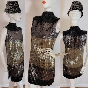 Vintage 1960’s color blocked black, pewter & gold super sparkly sequin mega mod mini dress with side slits by Johnnye