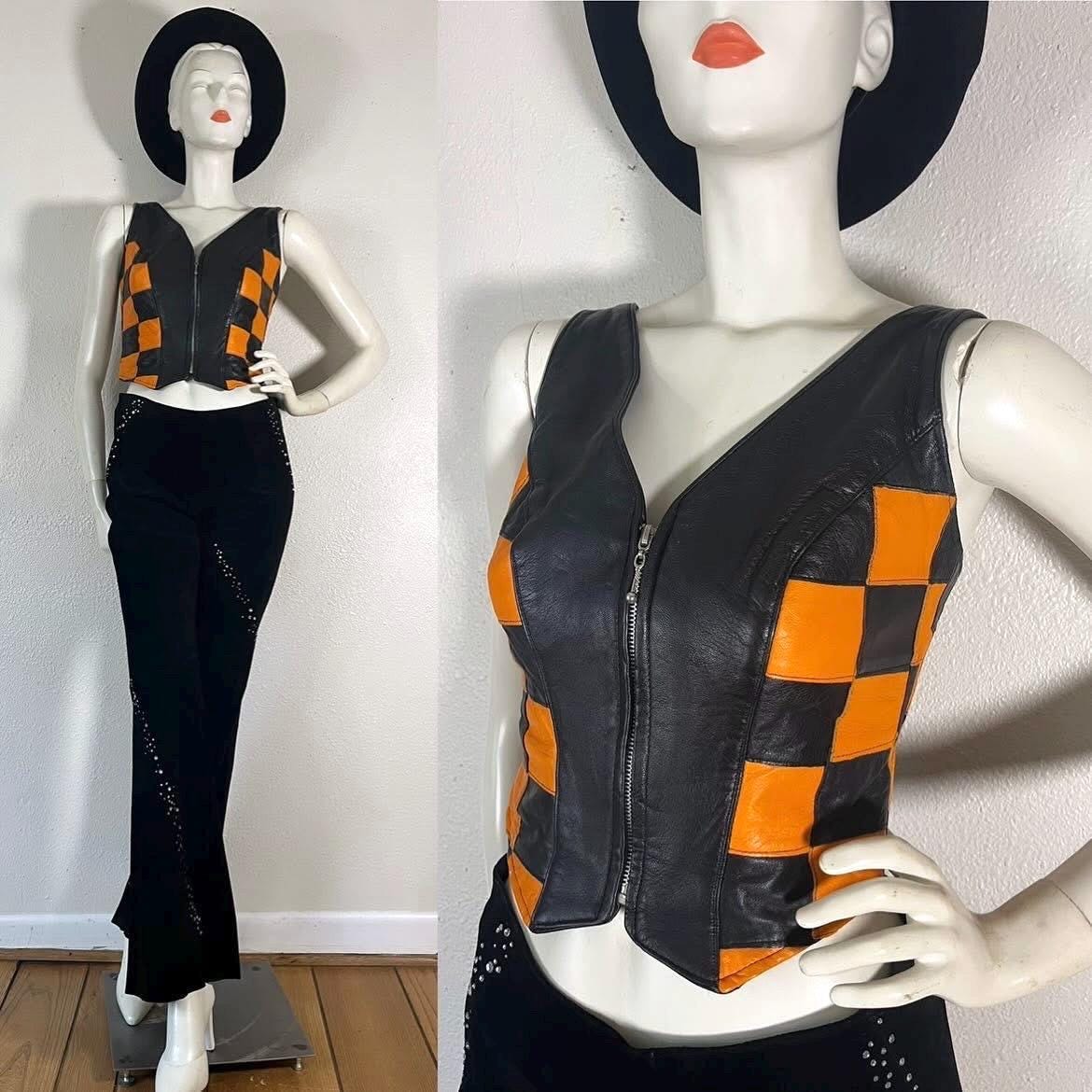 Vintage 1990's Black & Orange Leather Checkerboard Patchwork