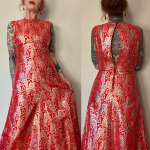 Vintage 1960’s bright red, silver & gold metallic paisley brocade maxi dress with large open keyhole back by Krist, San Francisco