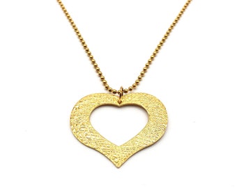 Collier pendentif coeur en acier inoxydable, collier pendentif coeur texturé, collier pendentif coeur en acier inoxydable doré, grand collier pendentif