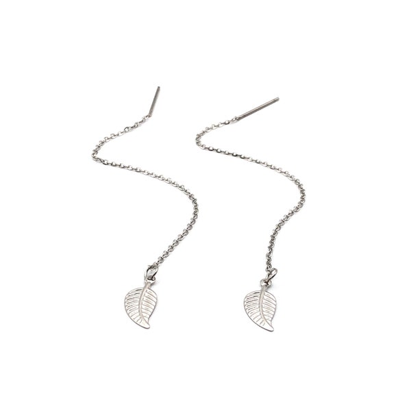 Stainless Steel Leaf Charm Threader Earrings, Silver Hanging Earrings, Stainless Steel Dangle Earrings, Long Silver Charm Earrings, Earrings