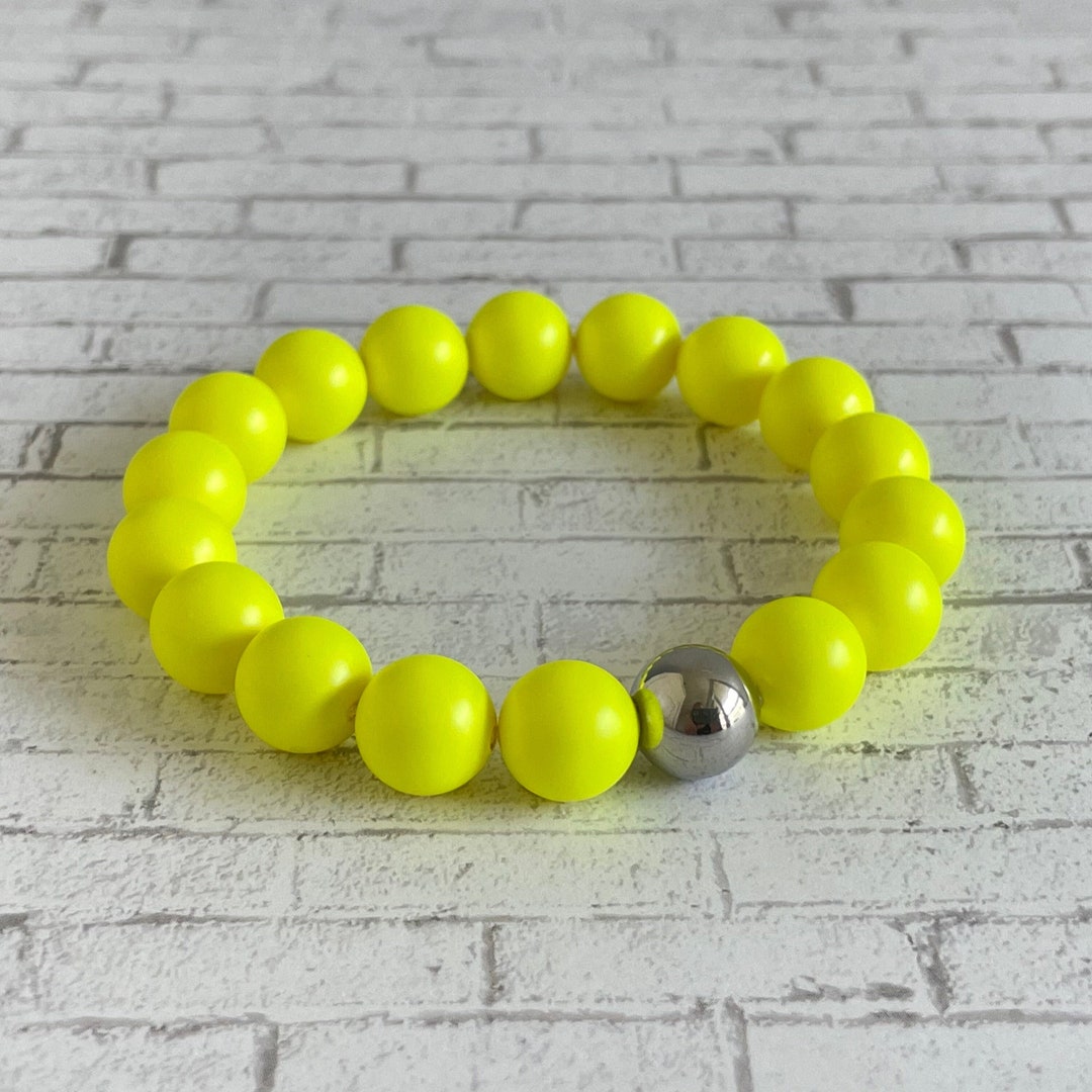 Neon Yellow Beaded Bracelet, Swarovski Pearl Bracelet, Yellow Stretch ...