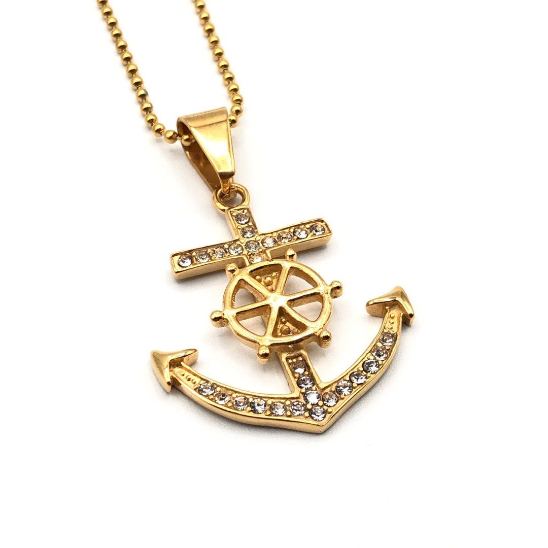 Gold Stainless Steel Anchor Necklace, Large Rhinestone Anchor Pendant