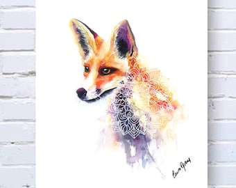 Fox watercolour mandala wall art print in A4. British wildlife animal painting home decor illustration, nursery theme