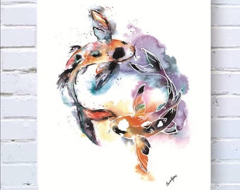 Koi fish yin yang watercolour wall art print