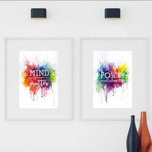 Positive thinking wall art set, positivity typography, watercolour quote print, rainbow decor gift for her, motivational inspirational print