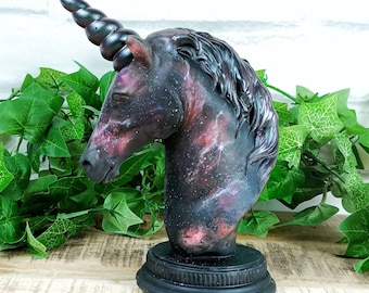 Galaxy unicorn head sculpture statue, resin and plaster hand cast painted nebular star ornament. Acrylic art horse bust, pink, purple black