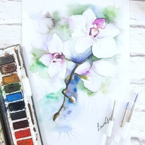 Orchid watercolour print, flower decor wall art, floral original painting print,  abstract  illustration design, gift for her Mother&#39;s day