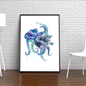 Octopus watercolour art print, space moon illustration, sea creature design, gothic art, under water theme painting, ocean home decor image 3