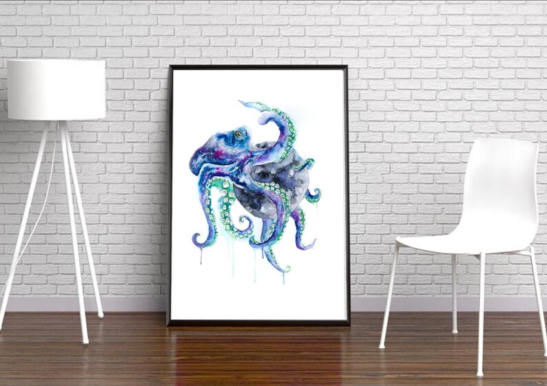 Octopus watercolour art print, space moon illustration, sea creature design, gothic art, under water theme painting, ocean home decor image 3