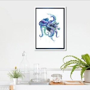 Octopus watercolour art print, space moon illustration, sea creature design, gothic art, under water theme painting, ocean home decor image 4