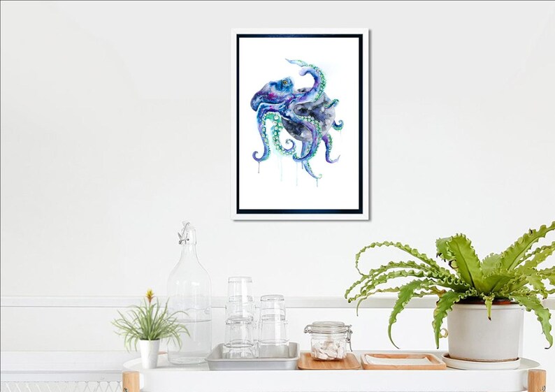Octopus watercolour art print, space moon illustration, sea creature design, gothic art, under water theme painting, ocean home decor image 4