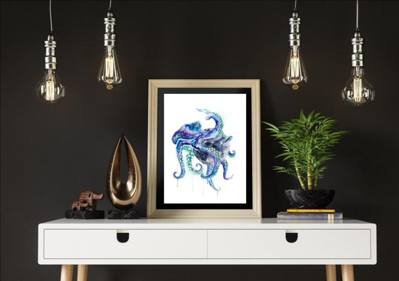 Octopus watercolour art print, space moon illustration, sea creature design, gothic art, under water theme painting, ocean home decor image 2