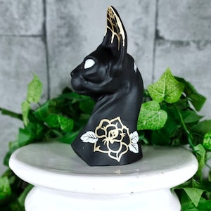 Sphynx bust statue ornament with custom tattoo designs. 3D plaster cat decor. Egyptian feline style cast sculpture. Alternative goth art