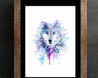 Geometric wolf watercolour art print, wolf illustration, animal wall art, geometry design, gothic animal drawing, purple and blue wolves