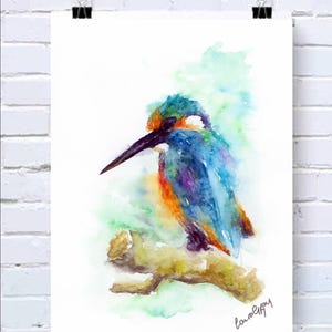 Kingfisher watercolour print, woodland animal decor wall art, bird original painting print, feather painting abstract animal illustration