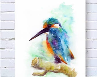 Kingfisher Watercolor Print, Vivid Bird Painting, Abstract Animal Illustration