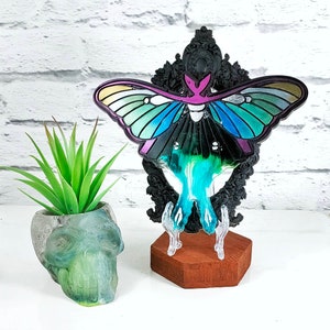 Luna moth resin art, gothic filigree frame. Witchy witch tattoo style alternative decor, 3d butterfly wings insect Wall or table top picture